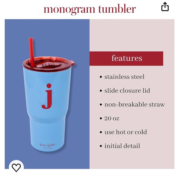 NEW Kate Spade Insulated Tumblr 20 ounce Travel Mug with J Initial - Picture 2 of 7